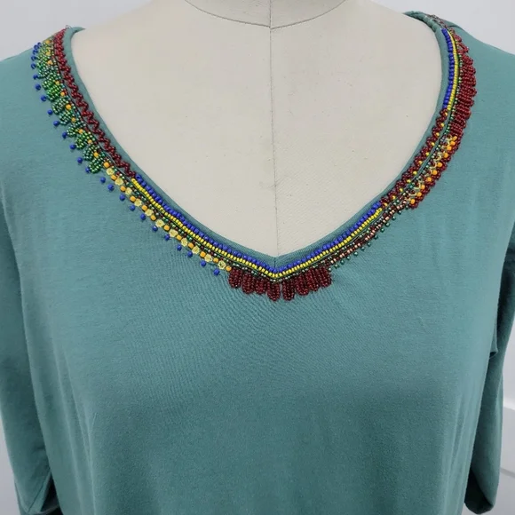 LOGO Lori Goldstein Women's Green Knit Pocket Beaded Tunic Top Blouse Boho 1X - Picture 3 of 11